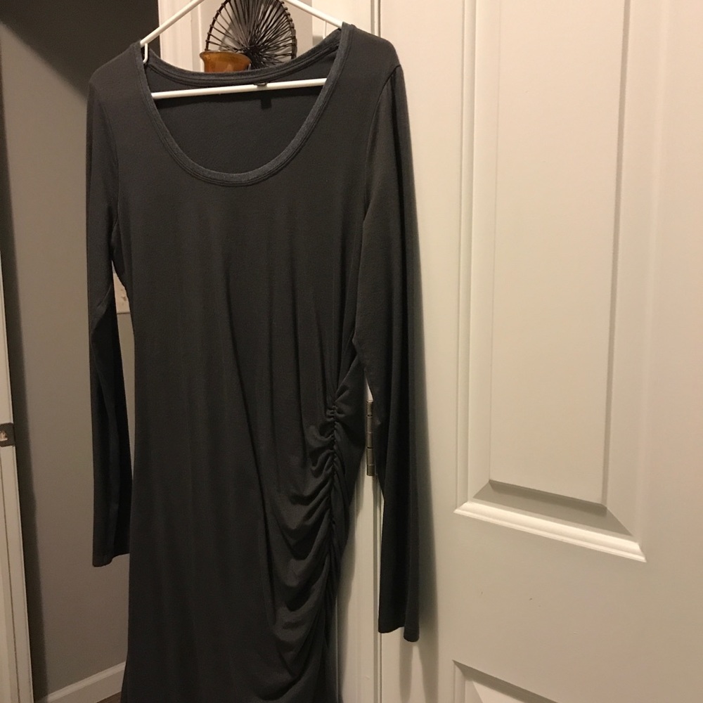 Athleta dark grey long sleeve, fully lined jersey dress bunched at side.MEDIUM
